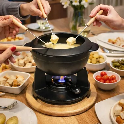 Fondueset aus Gusseisen, 6 Gabeln, Brenner, Holztablett