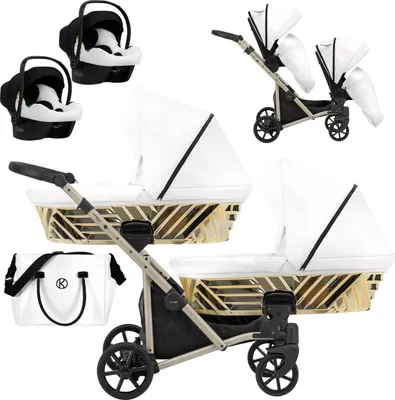 Produktbild von Kinderwagen IVENTO DUO GLAM 3 in 1 Zwillingskinderwagen Geschwisterwagen Zwillingsbuggy Doppelkinderwagen (Eco White Pearl, Rahmen: champagne)