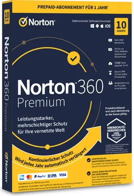 Produktbild von Norton 360 Premium - 10 Geräte 1 Jahr 2025 - Antivirenprogramm mit Firewall -  PC / Mac / iOS / Android - Download - ESD