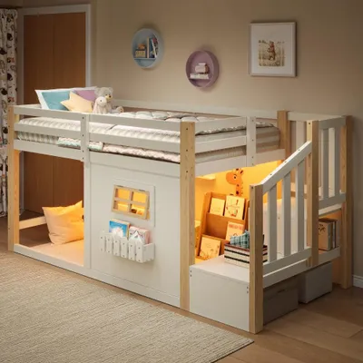 Produktbild von Kinder Hochbett mit Fenster, LED Leiter, Stauraum, Kiefer, Natur+Weiß, 90x200cm