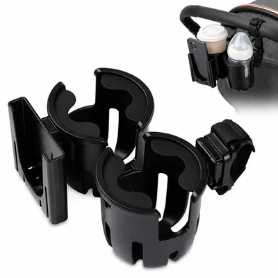 Produktbild von Kinderwagen Getränkehalter 2‑in‑1, Doppel Becherhalter mit Handyhalter, Universal Flaschenhalter für Buggy, Anti‑Rutsch, 360° drehbar, Schwarz