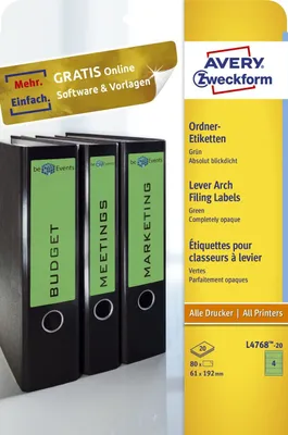 Immagine prodotto di Avery Zweckform® L4768-20Etichette per cartelle - larghe/corte, (A4 - 20 fogli) 80 pezzi, verde