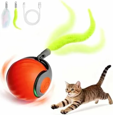 Produktbild von Interaktives Katzenspielzeug Ball,Wiederaufladbarer Elektrischer Katzenball mit Federschwanz,2 Modi Automatisches Kätzchenspielzeug für Hauskatzen Selbstbeschäftigung Spielzeugball (Orange)