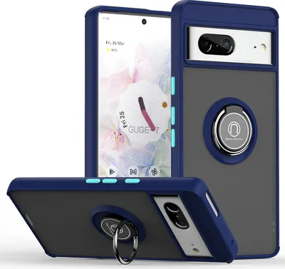 Image de Étui pour Google Pixel 7 translucide mat en TPU avec support d'anneau et socle Bleu foncé