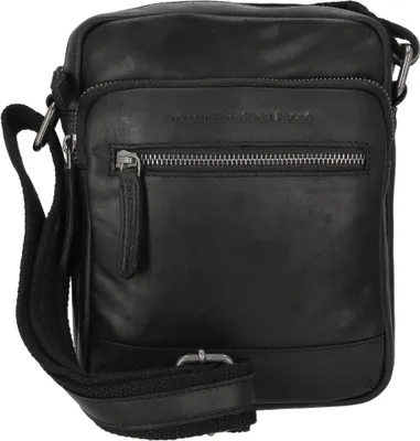 A black leather crossbody bag is shown against a white background.