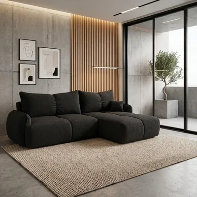Produktbild von Ecksofa mit Schlaffunktion LOBINO DL-Automat, L-Form, weiche Polsterung, gesteppte Kissen, Bettkasten Bouclé-Schlafsofa Schwarz Rechts