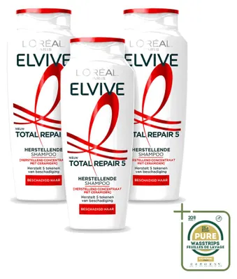 Imagen del producto de 3 champús L'Oréal Paris Elvive Total Repair 5 - 250 ml - Pack ahorro - 3 unidades