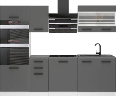 Immagine prodotto di Cucina Belini blocco cucina Tracy - mobili da cucina 240 cm cucina componibile completamente attrezzata senza elettrodomestici con pensili e basi, con piani di lavoro, argento opaco