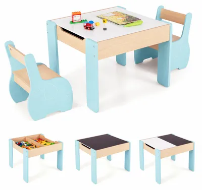 Produktbild von COSTWAY 3-teilige Kindersitzgruppe aus Holz, Kindertisch mit 2 Stühlen, Tischplatte & versteckten Stauräumen, Kinder Maltisch, Kindersitzgarnitur