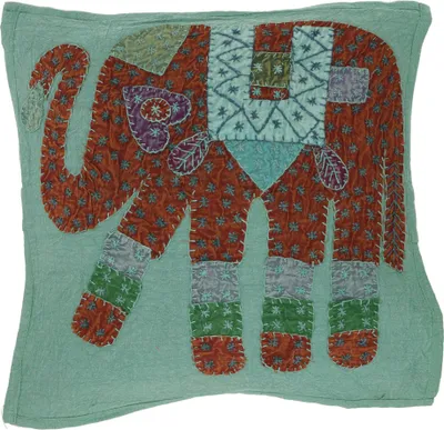 Produktbild von Indische Kissenhülle, Besticktes Elefanten Ethnostyle Kissen - Aqua, Grün, Baumwolle, 40*40*0,5 cm, Zierkissen, Dekokissen, Sofakissen