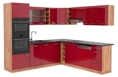 Produktbild von Eckküche Vicco R-Line Rot Hochglanz/Goldkraft Eiche 247 x 237 cm, AP Anthrazit, Model 43327