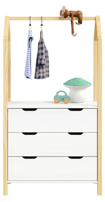 Produktbild von Kinderzimmer Kommode AMIRA mit Kleiderstange in Hausform - natur/weiß, 3 Schubladen, integrierte Kleiderstange, Stauraum für Kleidung, Spielzeug, Bücher, Kiefernholz