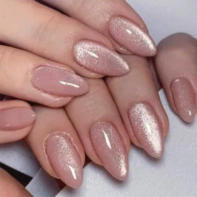 Productafbeelding van Zelfklevende kunstnagels, 24 stuks, kort, roze, cat eye effect, amandelvorm, glitters, ovaal, French manicure stijl