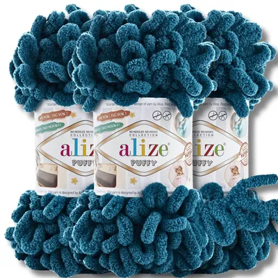 Zdjęcie produktu dla Alize Puffy Wolle, 3 motki po 100g, kolor jednolitego splotu, idealna do szydełkowania i robienia na drutach (ciemny turkus - 646)