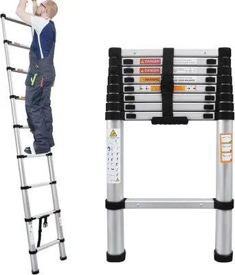 Immagine prodotto di Scala telescopica in alluminio, 2,6 m - MFLF-2,6M. Scala di sicurezza - Altezza regolabile - Pieghevole e trasportabile - Ideale per tetti, soffitte e cantieri