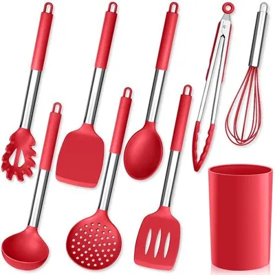 Image de Ensemble de 9 ustensiles de cuisine en silicone Ibzoa® – Résistant à la chaleur jusqu'à 230 °C, avec des manches en acier inoxydable et un support de rangement, comprenant une louche, une spatule et un fouet