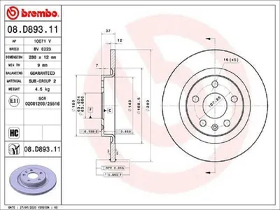 Produktbild von 2x BREMBO Bremsscheibe 08.D893.11 für VOLVO XC40 (536) 37mm 280mm