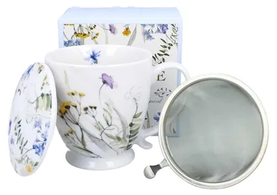 Immagine prodotto di DUO | Tazza con piede - Caffettiera - 510 ml - Colorata - Fiorita - Porcellana - Tazza da tè - con colino e confezione regalo