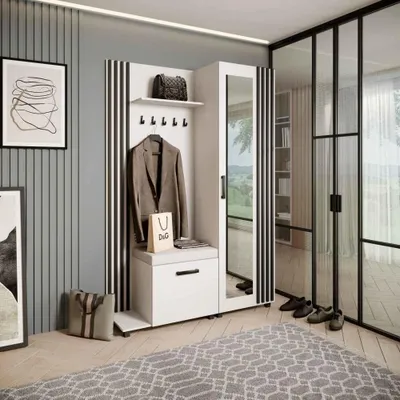 Image de Armoire LIVIA – Ensemble vestiaire avec miroir et cintres, blanc, lamelles noires, coussin d'assise beige clair, gauche