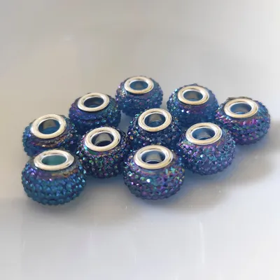Produktbild von Großloch Spacer Charm Perlen Rondelle Bubble genoppt, 14 mm, 10 Stück, Blau