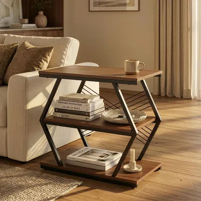 Produktbild von Beistelltisch 'Nolarg' mit 3 Ablagen 65 x 30 x 61 cm Schwarz / Walnussoptik