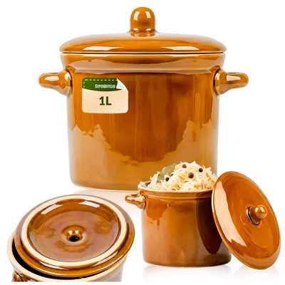 Zdjęcie produktu dla SuperButelki - Garnek ceramiczny 1l, kamionka 1000 ml na kapustę, ogórki, smalec, kolor miodowy z kamionkową pokrywką