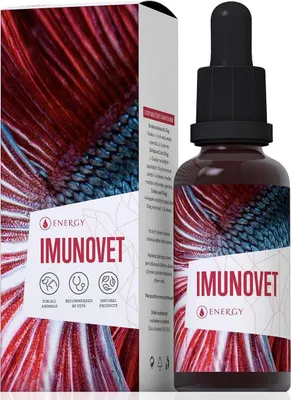 A product shot of a bottle of Imunovet and its packaging.