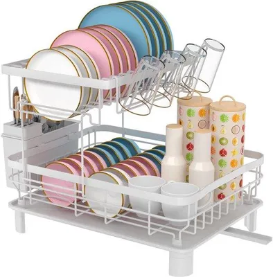 Obrázek produktu pro Uniqoos® Odkládací stojan na nádobí se dvěma vrstvami, integrovanou odtokovou trubkou, nerezovou povrchovou úpravou, rozměry 47,8×31,8×33 cm – pojme až 12 talířů a 4 hrnky