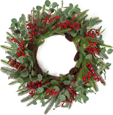 Image de Couronnes avec branches de sapin et baies - Couronne de porte décorative pour une décoration hivernale
