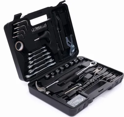 An open black tool case filled with various tools.