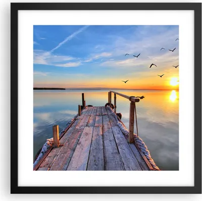 Produktbild von Gerahmtes Poster - Schwarzer Rahmen - See Natur Brücke Vögel - 40x40 cm - Wand Bild - Wanddeko - Wandbilder - Kunstposter - Wandposter - Bilderrahmen - Bilder - Kunstdruck - Wandbild - P2BAC40x40-2402