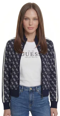 Image de Veste en tricot à fermeture éclair intégrale pour femmes Guess, modèle Aneira 4G, coupe classique, couleur bleu