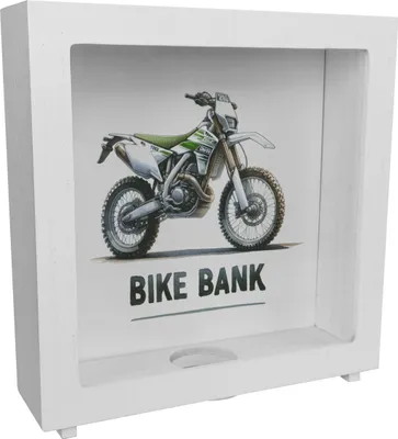 Produktbild von Enduro Motorrad Rahmen Spardose aus Holz mit Spruch Bike Bank