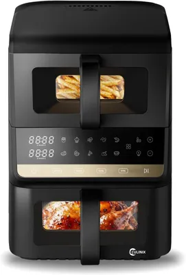 Zdjęcie produktu dla Fritownica bezolejowa o pojemności 10 litrów, z 2 komorami, moc 2500 W, 10 funkcji, technologia 360° gorącego powietrza, okienko umożliwiające podgląd, oświetlenie wewnętrzne, funkcja synchronizacji, oddzielna regulacja temperatury