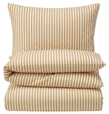 Produktbild von Seersucker Bettwäsche 155x220 Streifen Beige Sommer Bettwäsche gestreift Bettbezug 155 x 220 - Bügelfrei