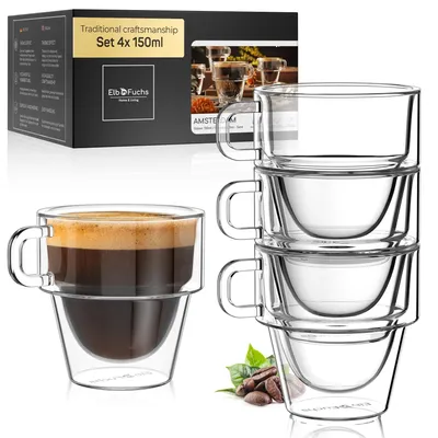 Immagine prodotto di Set di 4 tazze da espresso a doppia parete, capacità 150 ml, impilabili, resistenti al calore e con manico