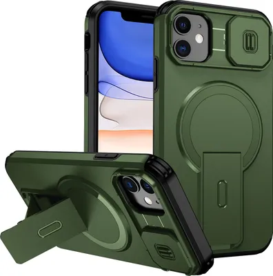 Obrázek produktu pro Magnetické pouzdro pro iPhone 11, dvouvrstvé odolné pouzdro s posuvnou ochranou fotoaparátu a nastavitelným stojánkem Zelená