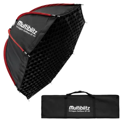 Productafbeelding van Multiblitz Octagon Softbox SF-90 voor Bowens, met rooster en diffusors, lichtvormer voor studioflitsers en LED-continu licht, lichtdiffusor voor portretfotografie en videoverlichting