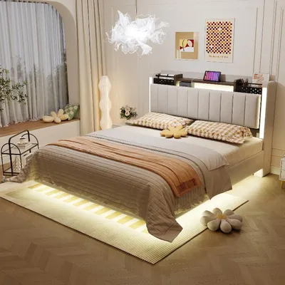 Produktbild von Polsterbett 140x200cm mit LED-Beleuchtung, USB-Ladeanschluss und Kopfteil mit Stauraum, Leinenstoff in Beige, schwebende Optik