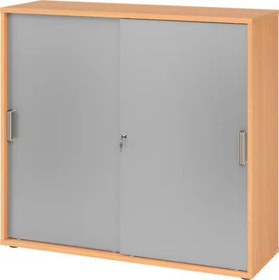 Produktbild von bümö Schiebetürenschrank office - 3 Ordnerhöhen - Griff: Streifengriff (Kunststoff), Nachbildung: Buche/Silber