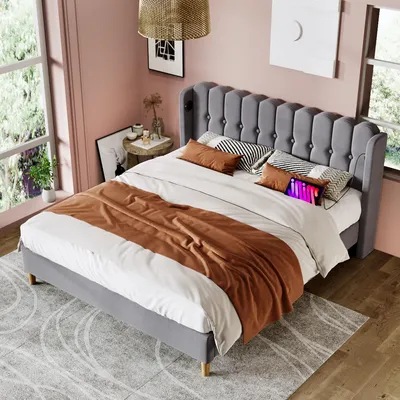 Zdjęcie produktu dla Łóżko tapicerowane 180 x 200 cm z stelażem z listew i funkcją ładowania USB typu C, rama w kolorze szarym lnu, nośność 226 kg, rama łóżka podwójnego do sypialni
