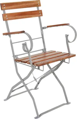 A single folding chair with wooden slats and a metal frame, shown against a white background.