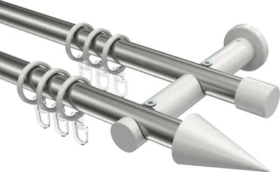 Produktbild von Interdeco Gardinenstange / Vorhangstange Edelstahl-Optik / Weiß, Typ Platon Savio (Kegel), 20 mm Ø 2-läufig, 120 cm