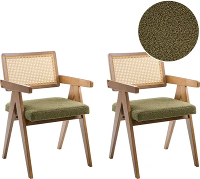 Produktbild von BELIANI Esszimmerstuhl 2er Set Braun u. Grün Holz mit Bouclé Sitzfläche Teddyfell Optik Wiener Geflecht Rückenlehne Küchenstühle Retro Stil