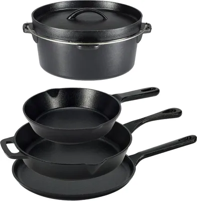 Productafbeelding van Pannenset gietijzer - 5-delig - Ingebrand - Koekenpannen 26 cm - Met deksel - Zwart