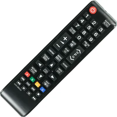 A black remote control is shown against a white background.