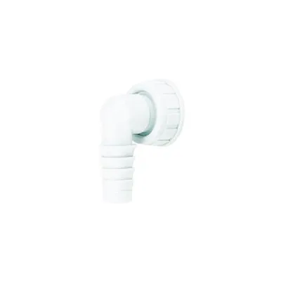 A white elbow hose connector with a ribbed end for hose attachment and a threaded flange for connection.