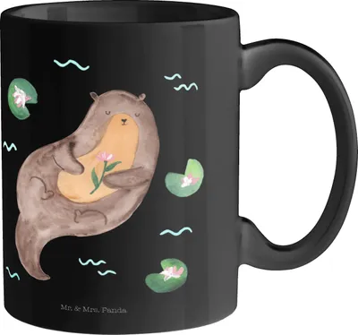 Produktbild von Mr. & Mrs. Panda Tasse Otter Seerose - Schwarz - Geschenk, Wasser, Kaffeetasse, Teetasse, Seeotter, glücklich, Fluss, Kaffeepott, Kaffeebecher, Becher