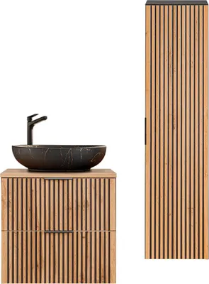 Produktbild von Waschtisch und Hängesäule 60.6cm Gaia mit 2 Schubladen, Eichenoptik und Schwarz