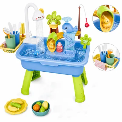 Produktbild von Outdoor-Wassertisch für Kinder mit Wasserpumpe und umfangreichem Zubehör, Dusch-Wasserspieltisch, aus ABS, ideal für den Sommer,54 × 29 × 34 cm